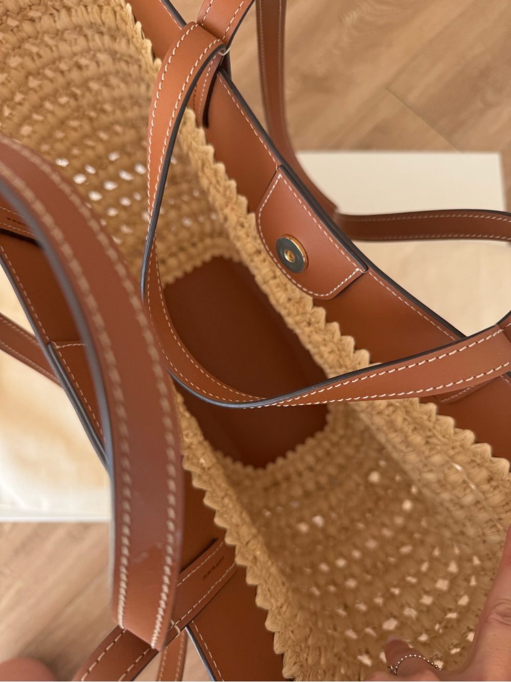 Polene Two-Tone Woven Straw Tote with Tan Leather Trim - Picture 4 of 6